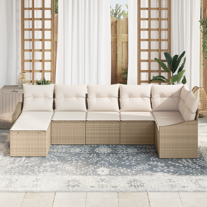 Set Divano da Giardino da 7 Pezzi con Cuscini Beige Polyrattan