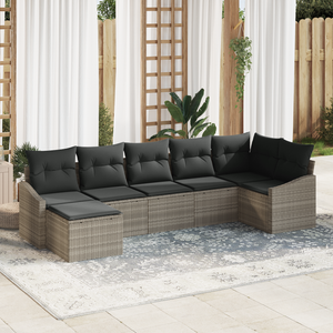 Set Divano da Giardino di 7 Pezzi con Cuscini Grigio Chiaro in Polyrattan