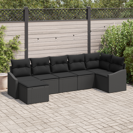 Set Divano da Giardino 7 Pezzi con Cuscini Nero Polyrattan