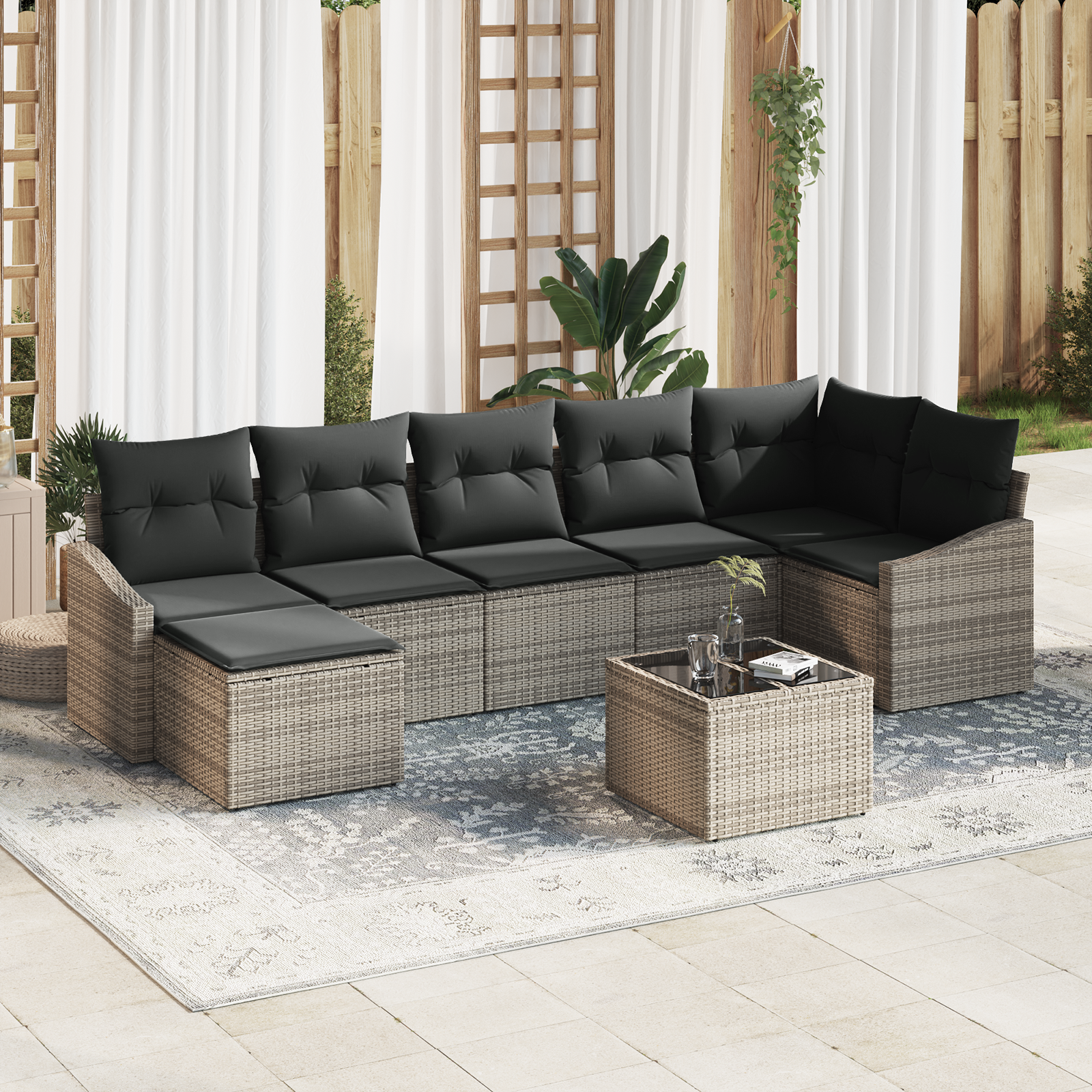 Set di divani da giardino 7 pezzi con cuscini in polyrattan nero