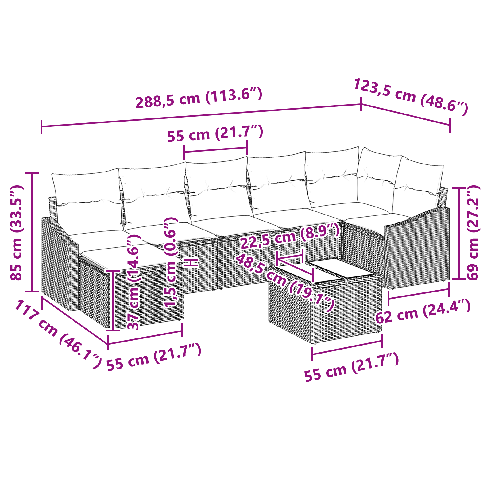 Set Divano da Giardino di 8 Pezzi con Cuscini in Rattan Sintetico Marrone
