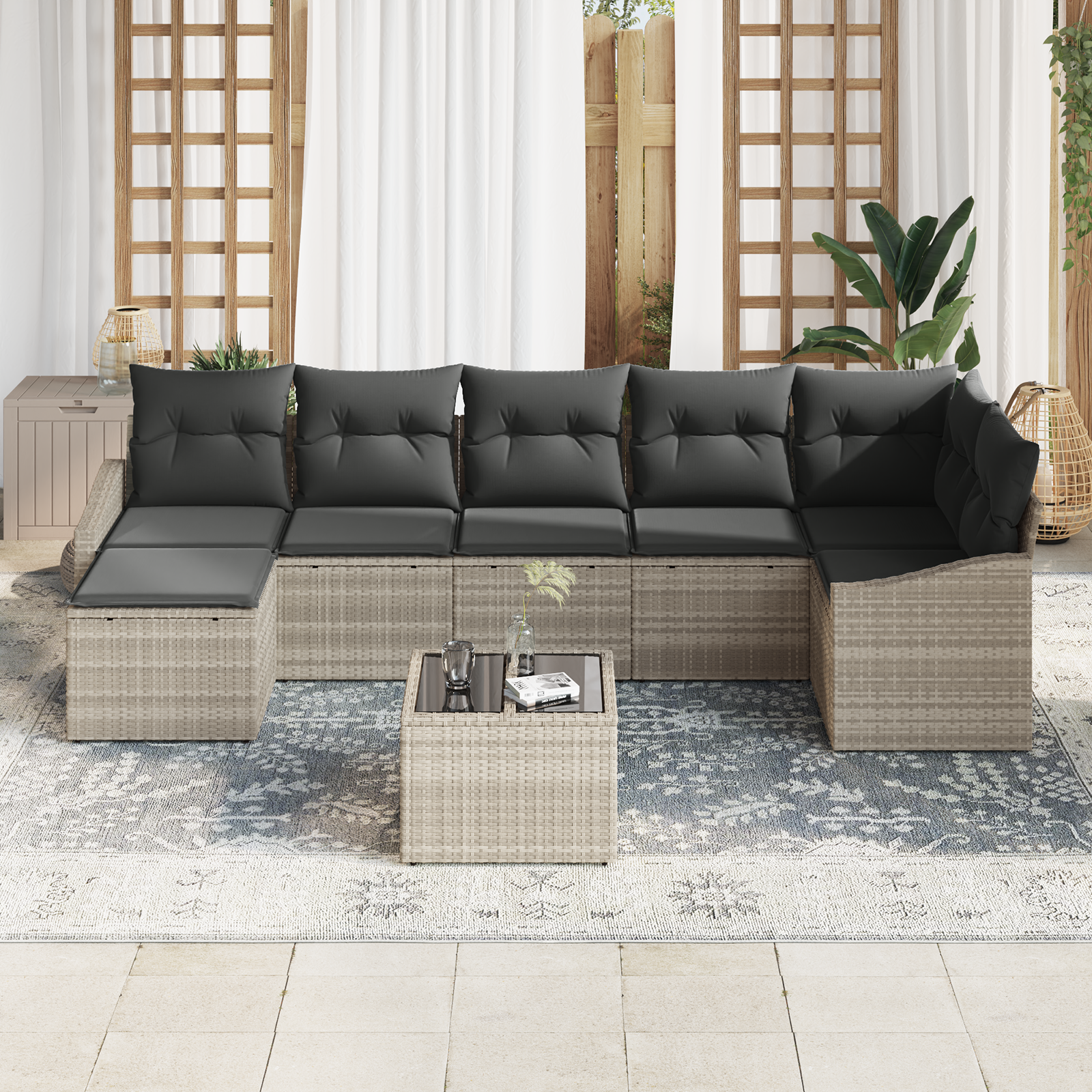 Set di Divano da Giardino da 8 Pezzi con Cuscini Grigio Rattan Sintetico