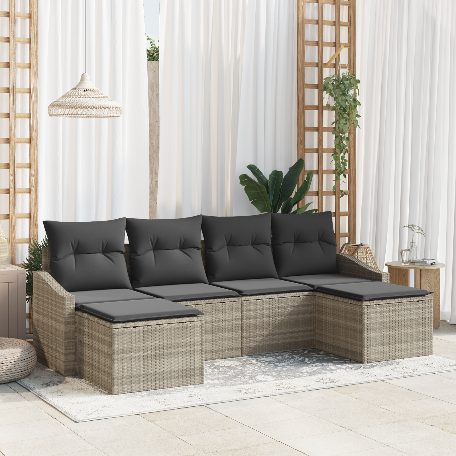 Set Divano Giardino 6 Pezzi con Cuscini Grigio Chiaro Polyrattan