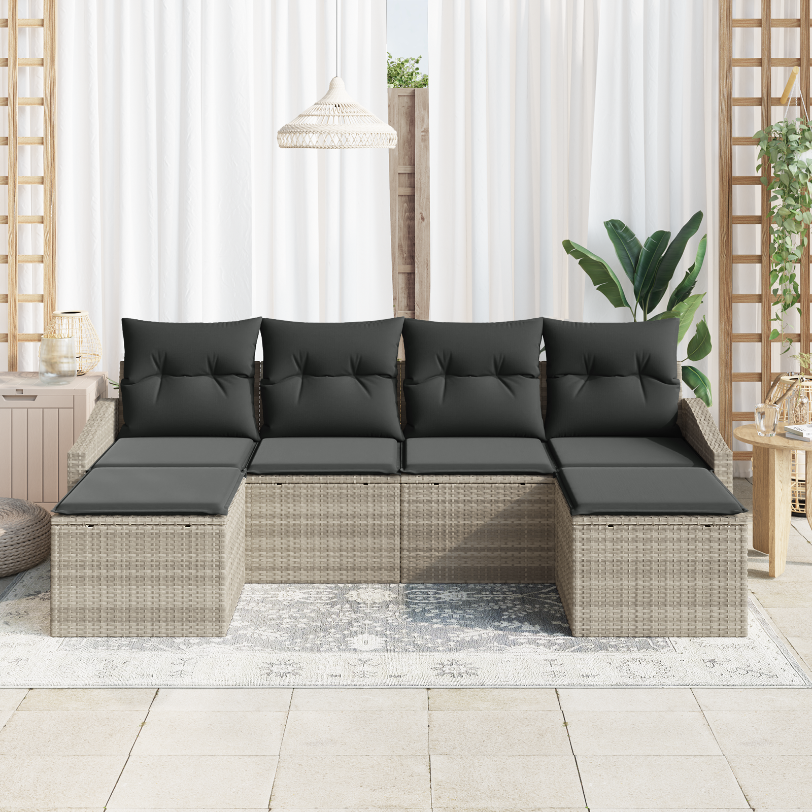 Set Divano Giardino 6 Pezzi con Cuscini Grigio Chiaro Polyrattan