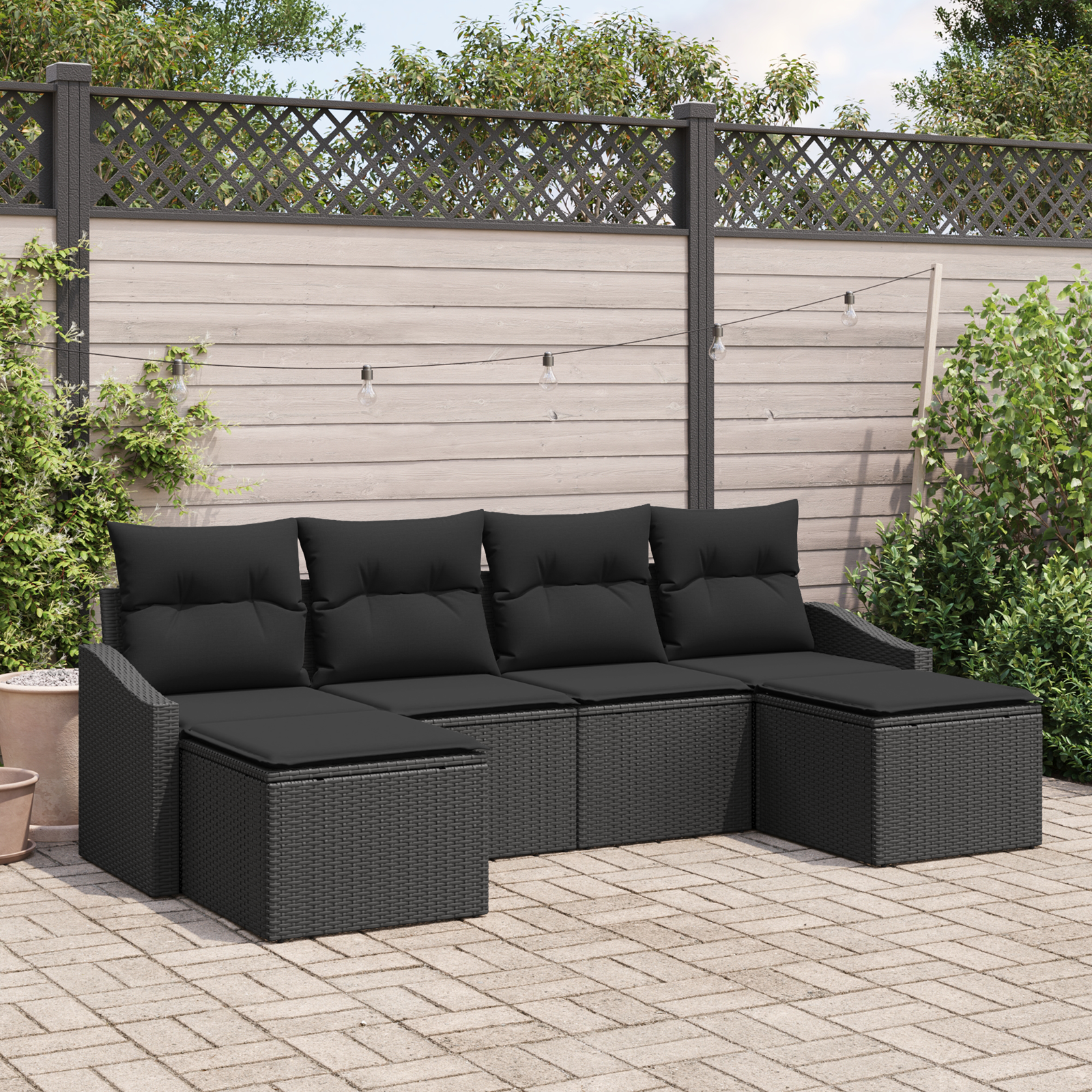 Set da Giardino 6 Pezzi con Cuscini in Polyrattan Nero