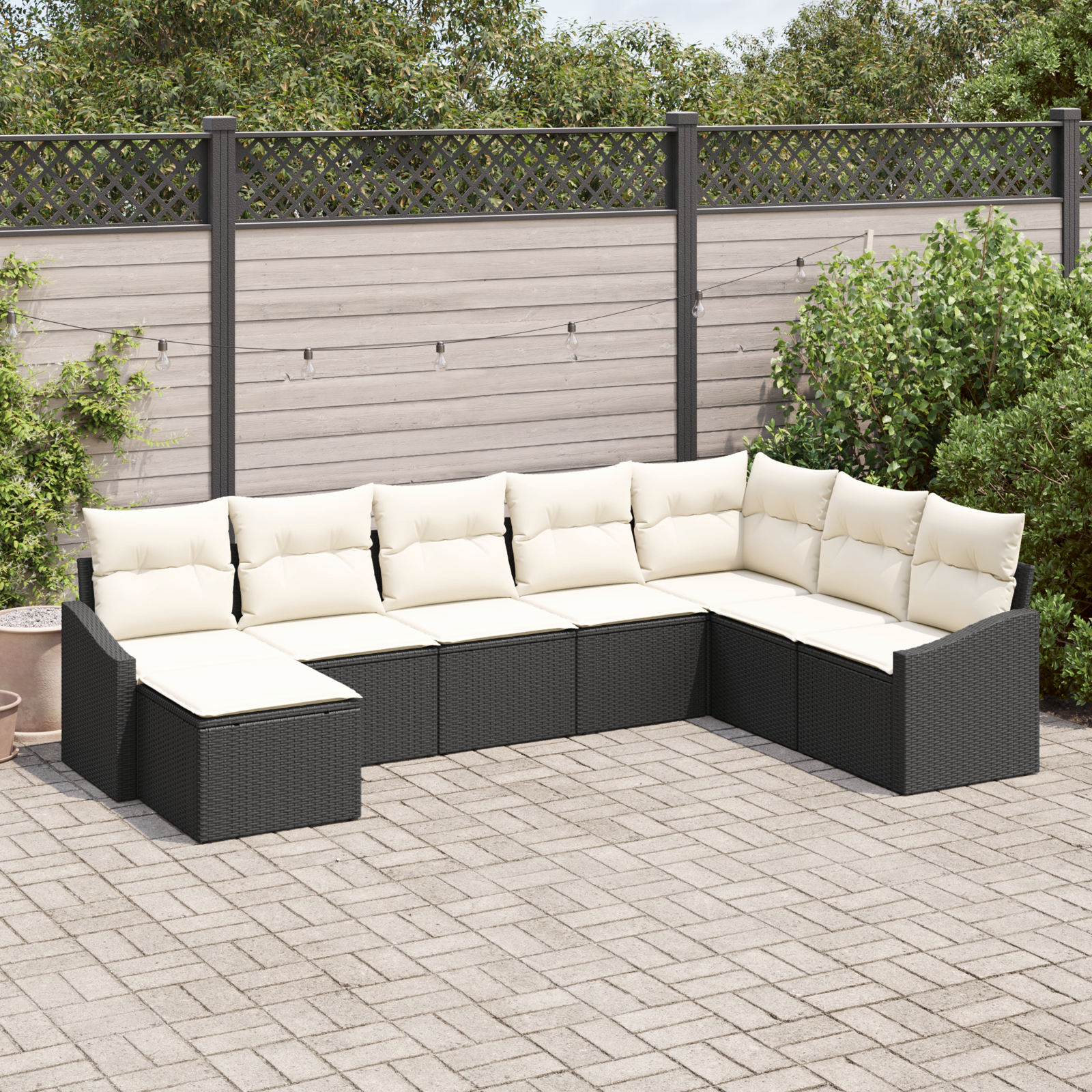 Set di Divani da Giardino da 8 Pezzi con Cuscini Rattan Poliestere Nero