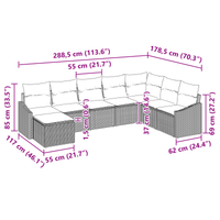 Set di 8 Pezzi di Divani da Giardino con Cuscini in Poly Rattan Grigio
