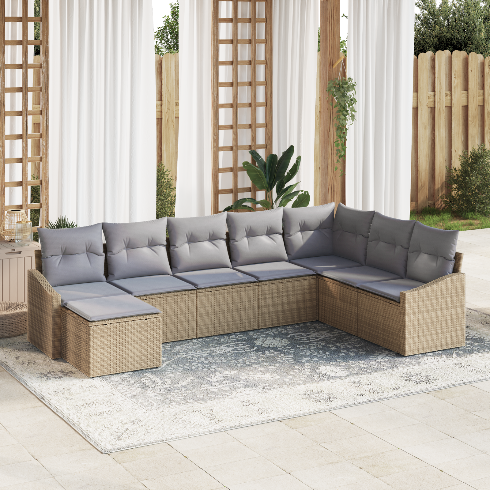 Set di Divani da Giardino da 8 Pezzi con Cuscini Beige in Polyrattan