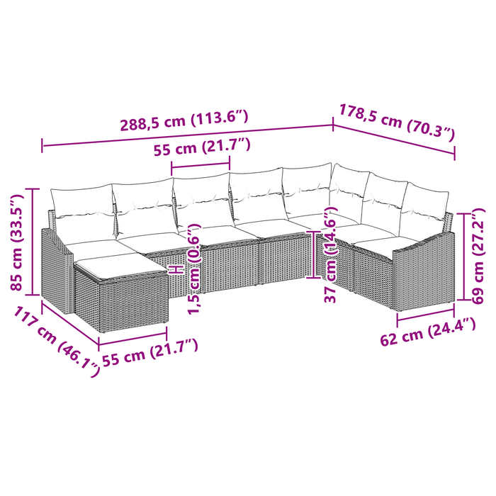 Set di divano da giardino in 8 pezzi con cuscini in rattan nero