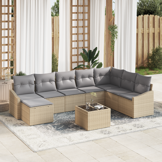 Set Divano da Giardino in 9 Pezzi con Cuscini Grigio Chiaro Polyrattan