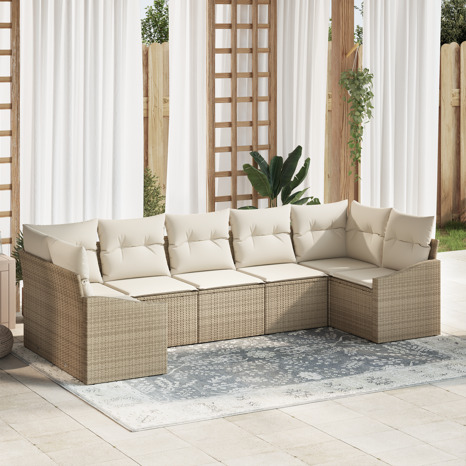 Set da Giardino 7 Pezzi con Cuscini Beige Rattan Poliestere