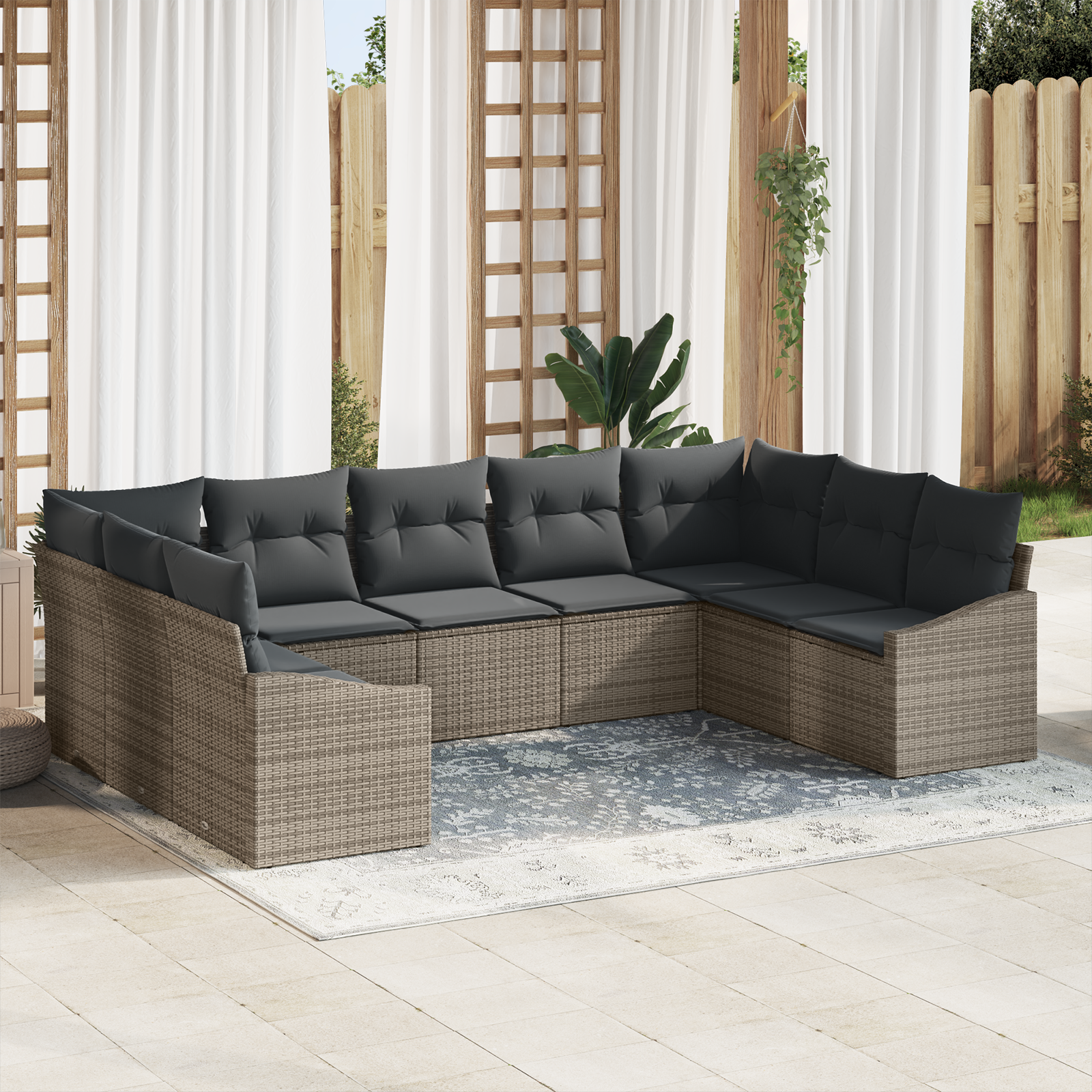 Set di divani da giardino 9 pezzi con cuscini grigi in rattan