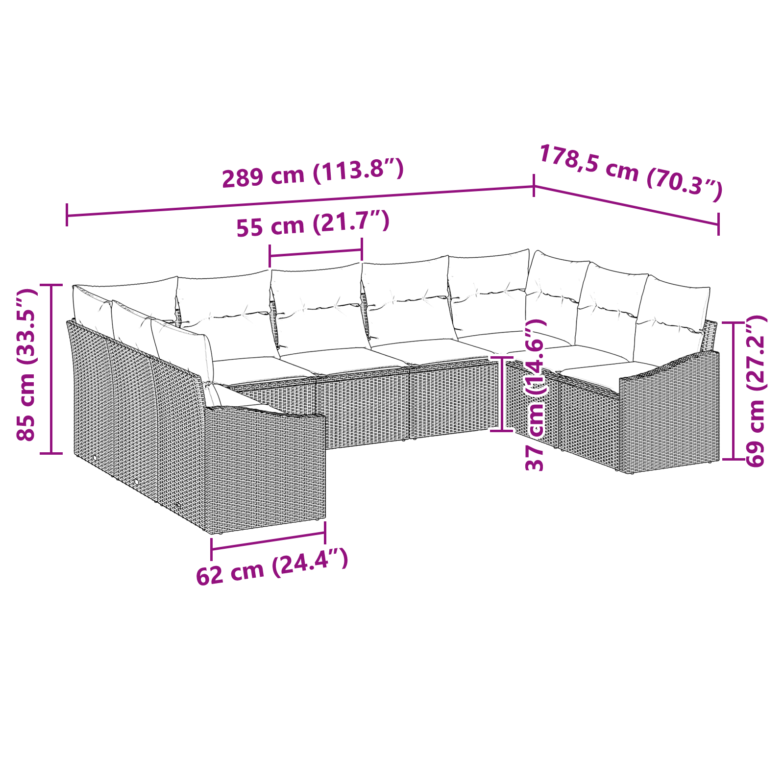 Set di divani da giardino 9 pezzi con cuscini grigi in rattan