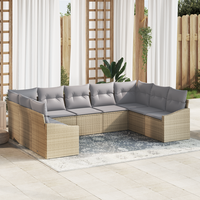 Set di Divani da Giardino da 9 Pezzi con Cuscini Beige in Rattan Polietilene