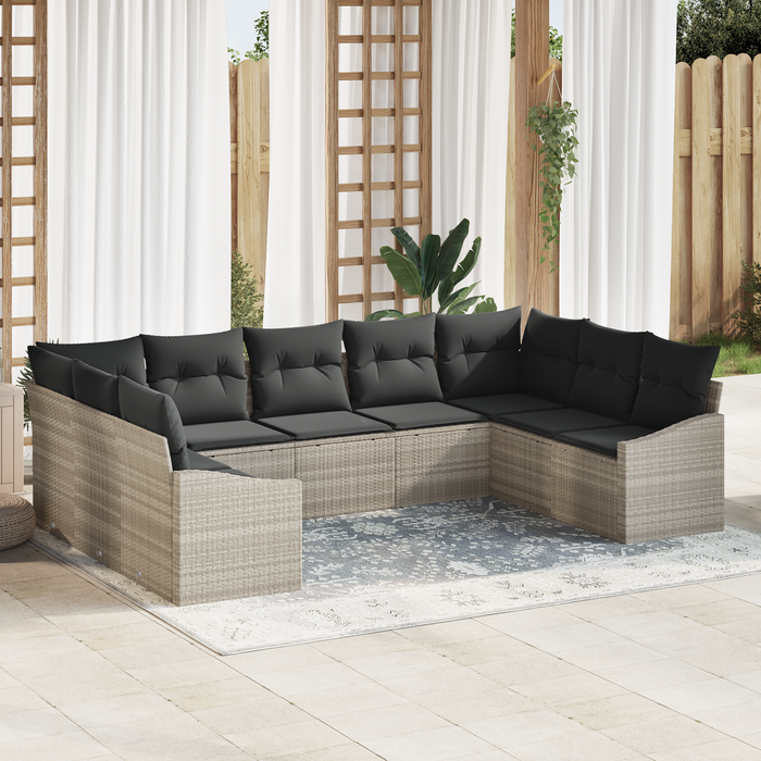 Set Divano da Giardino 9 Pezzi con Cuscini in Rattan Polietilene Grigio Chiaro