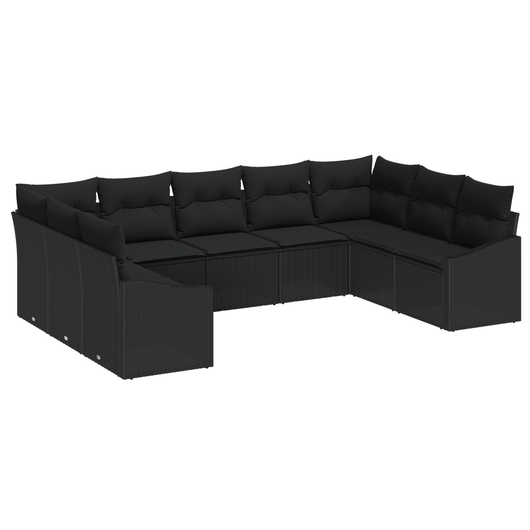Set di Divani da Giardino da 9 Pezzi con Cuscini Nero Polyrattan