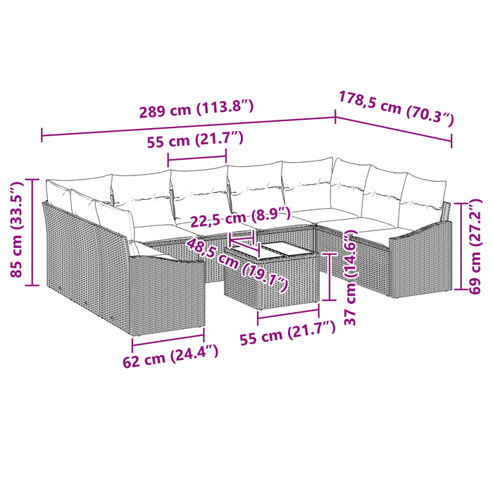 Set Divano da Giardino da 9 Pezzi con Cuscini Rattan Polietilene Nero