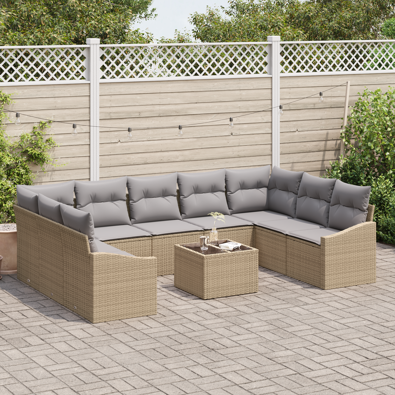 Set Divano da Giardino da 10 Pezzi con Cuscini Rattan Sintetico Beige