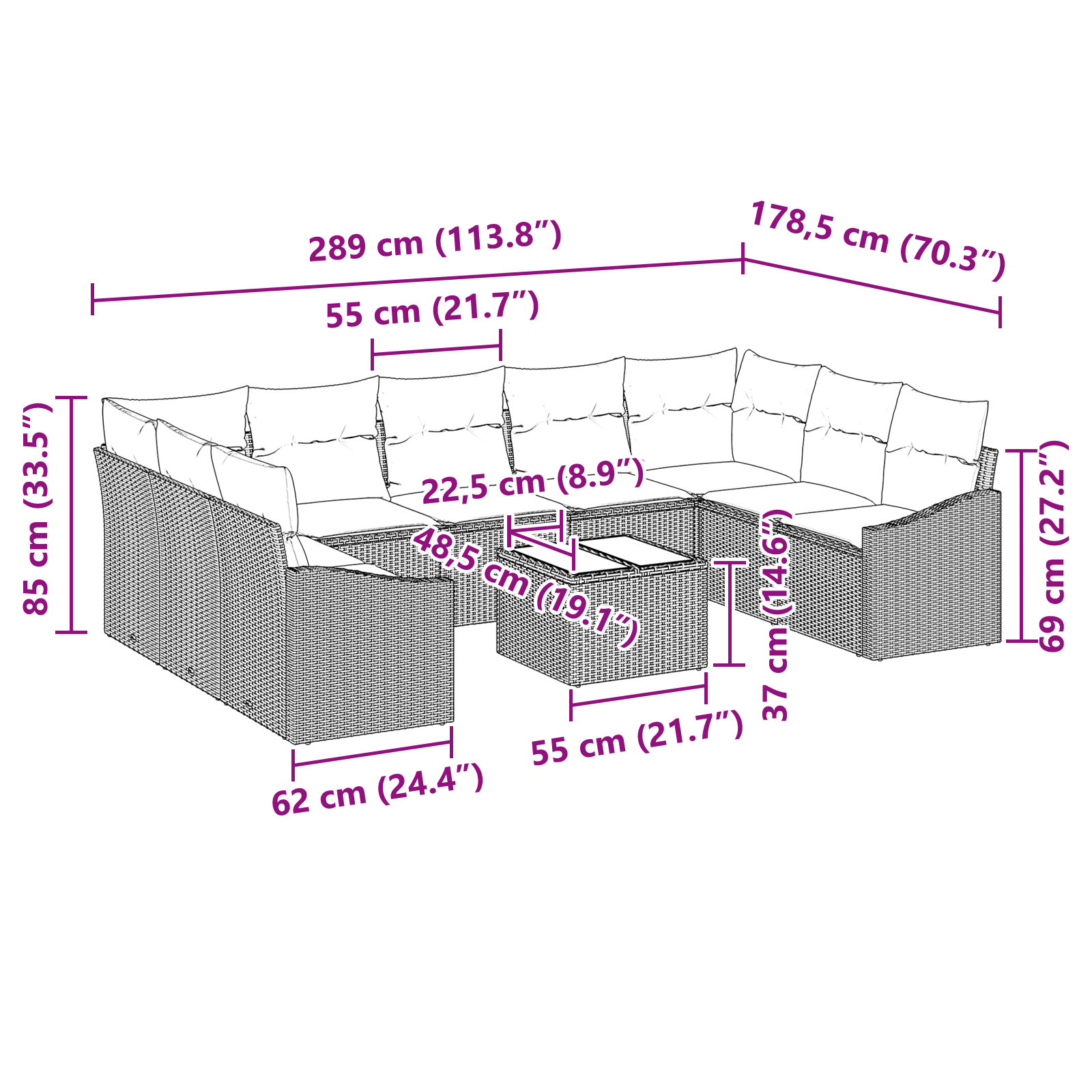 Set Divano da Giardino 10 Pezzi con Cuscini Marrone Polyrattan