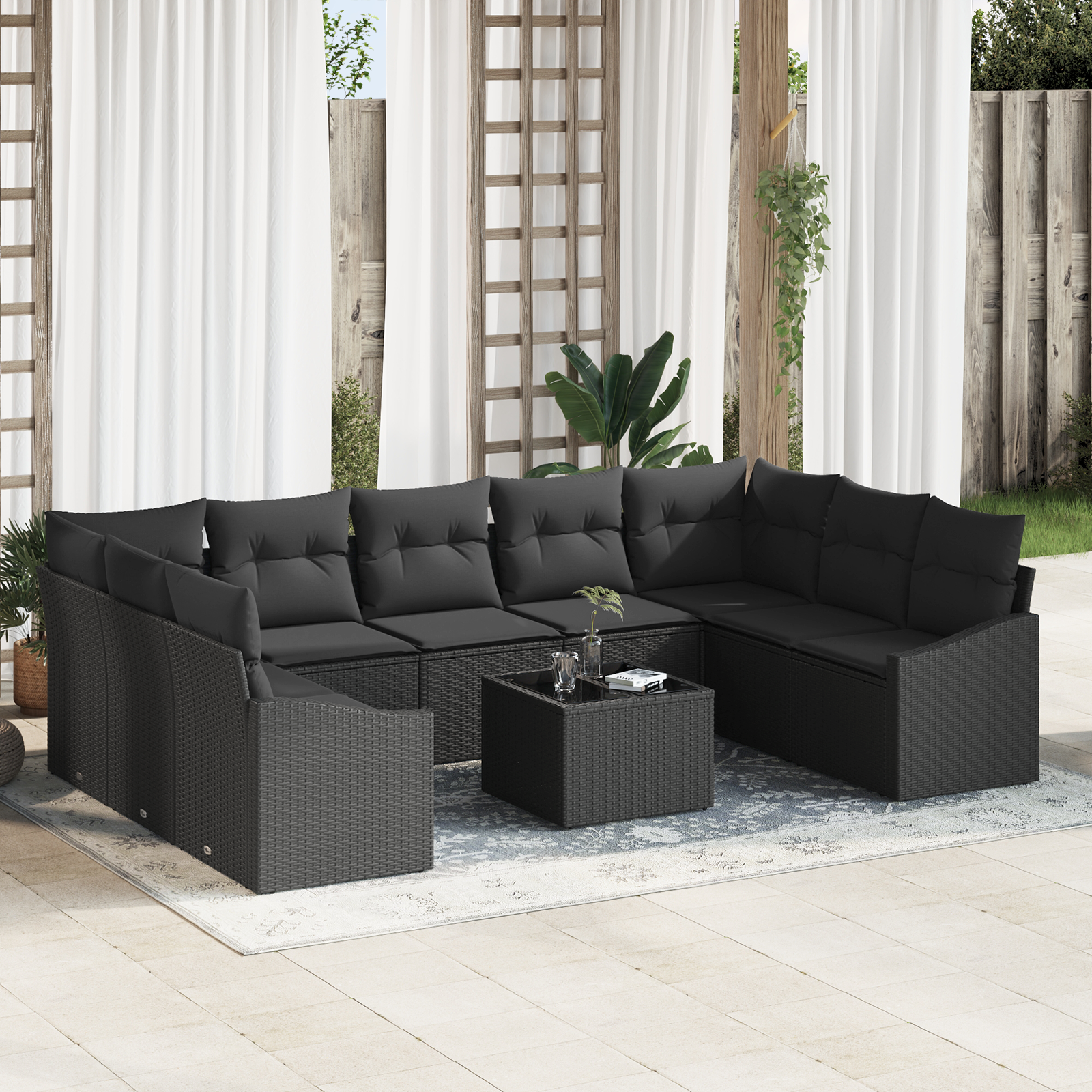 Set Divano da Giardino 10 Pezzi con Cuscini Beige Rattan