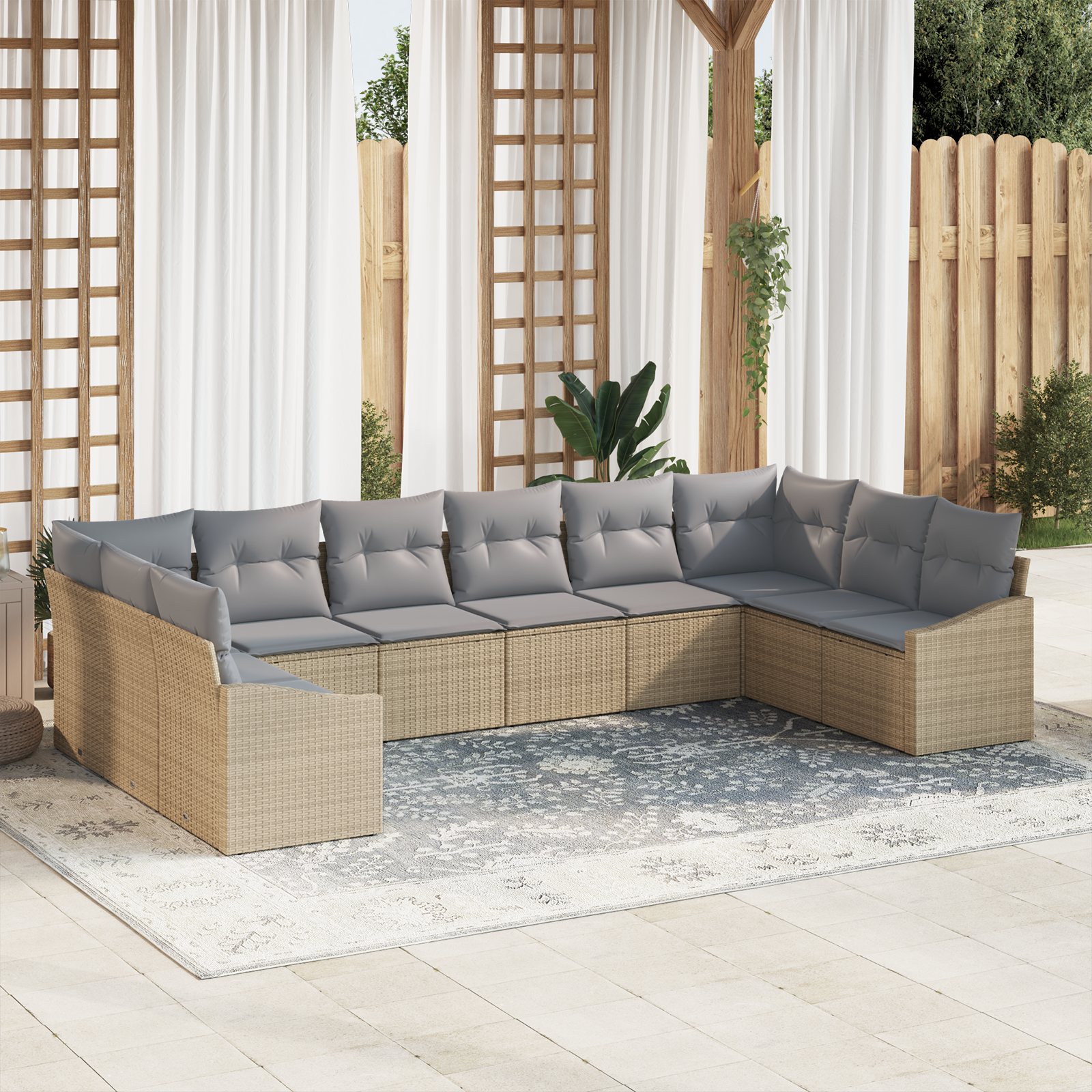 Set da Divano da Giardino da 10 Pezzi con Cuscini Grigi in Rattan Poly