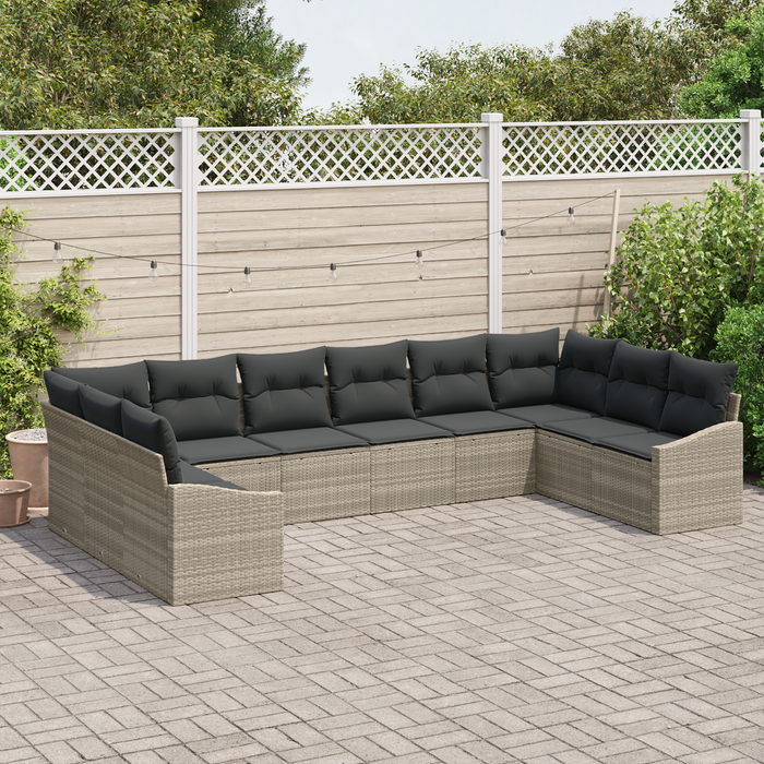 Set di divano da giardino 10 pezzi con cuscini Grigio chiaro Polyrattan