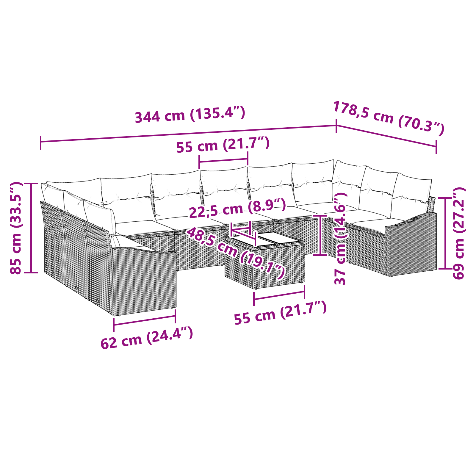Set di divani da giardino 10 pezzi con cuscini Rattan poliestere grigio