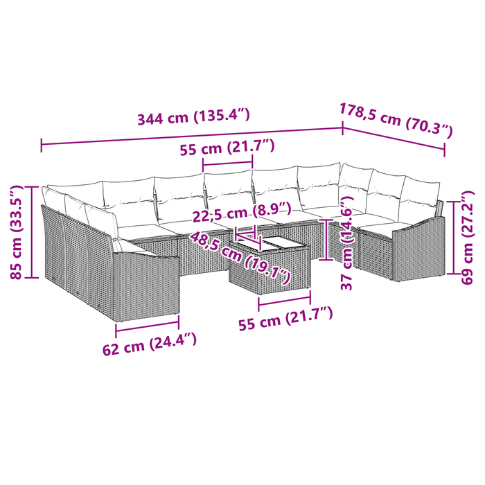 Set di divani da giardino 10 pezzi con cuscini Rattan poliestere grigio