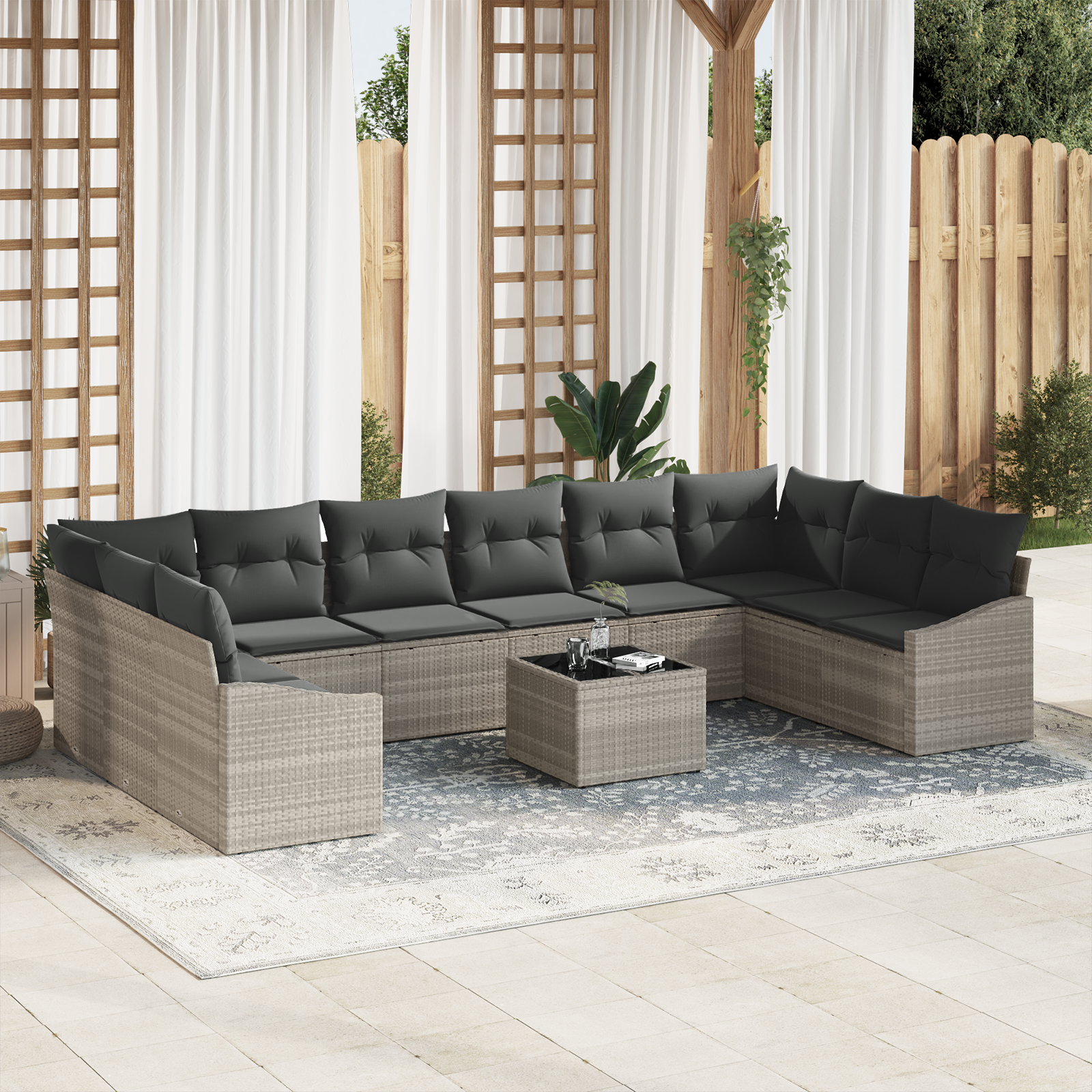Set di divani da giardino da 11 pezzi con cuscini grigio polyrattan