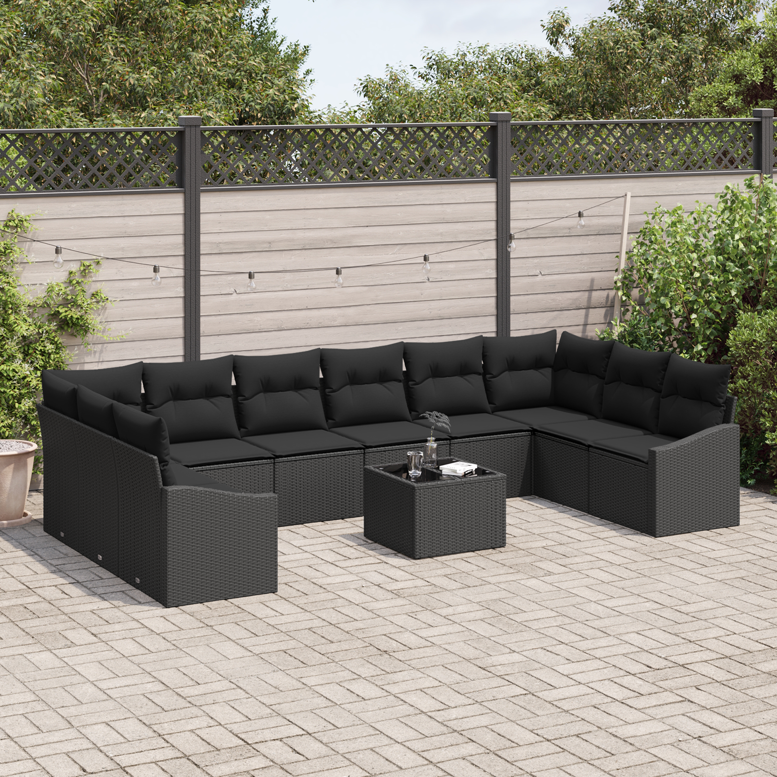 Set di Divani da Giardino a 11 Pezzi con Cuscini Rattan Nero