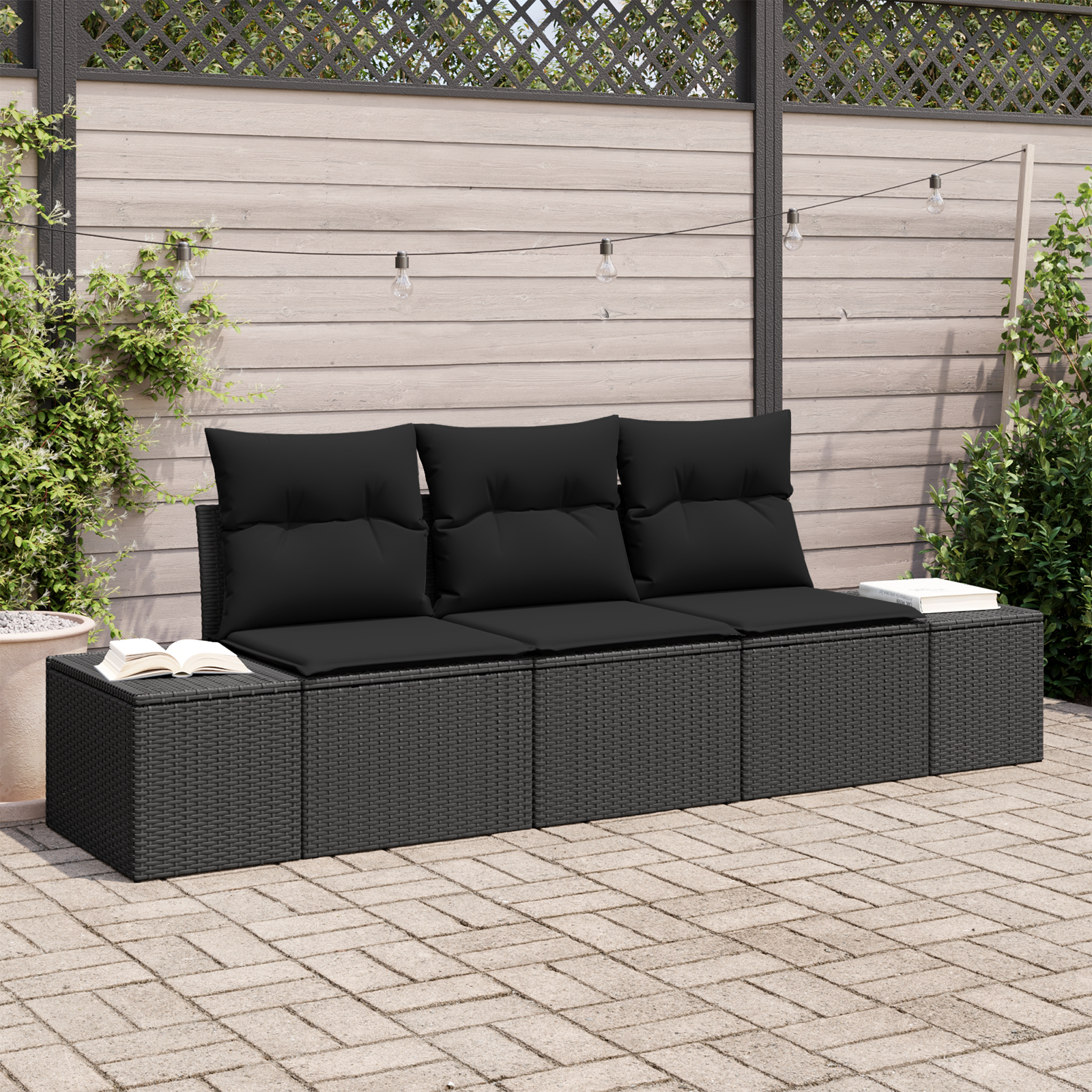 Set di divani da giardino da 3 pezzi con cuscini Nero Poli Rattan