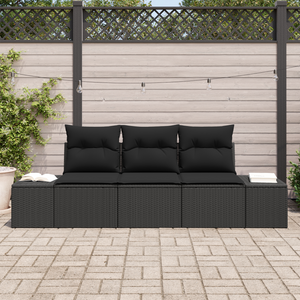 Set di divani da giardino da 3 pezzi con cuscini Nero Poli Rattan