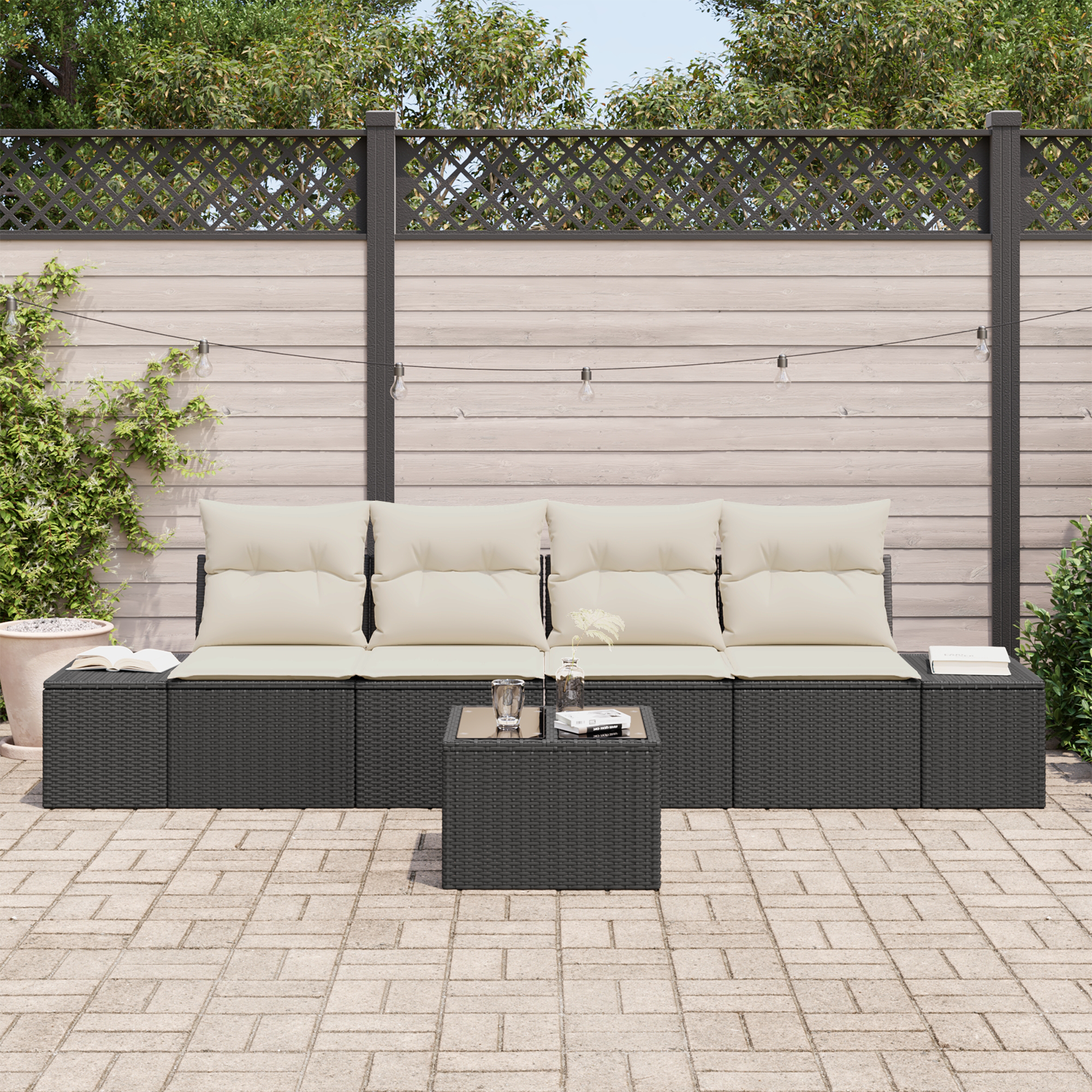 Set Divano da Giardino a 5 Pezzi con Cuscini Nero Polyrattan