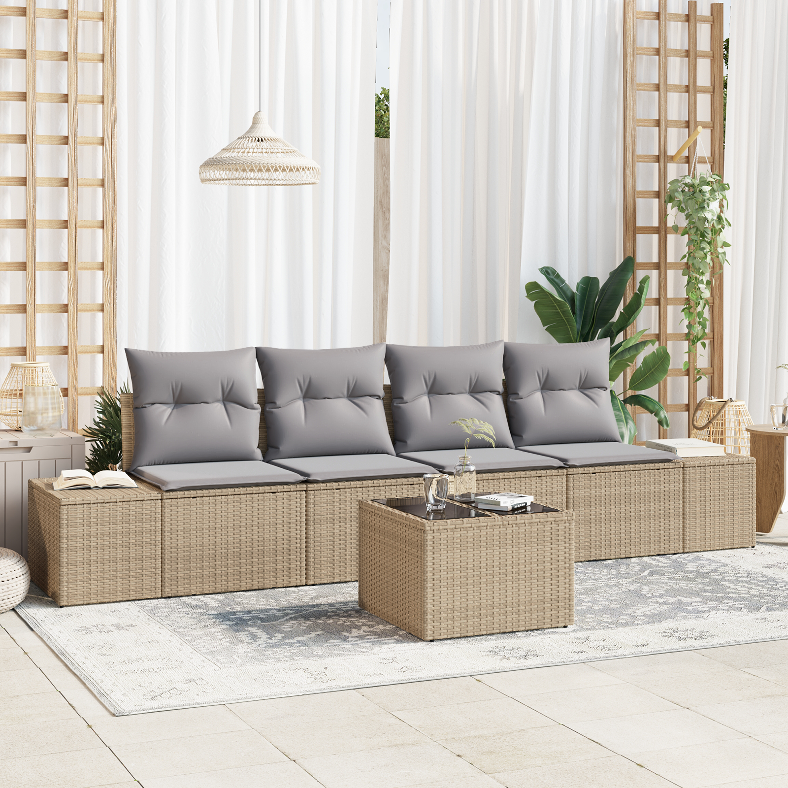 Set Divano da Giardino 5 Pezzi con Cuscini Beige in Polyrattan