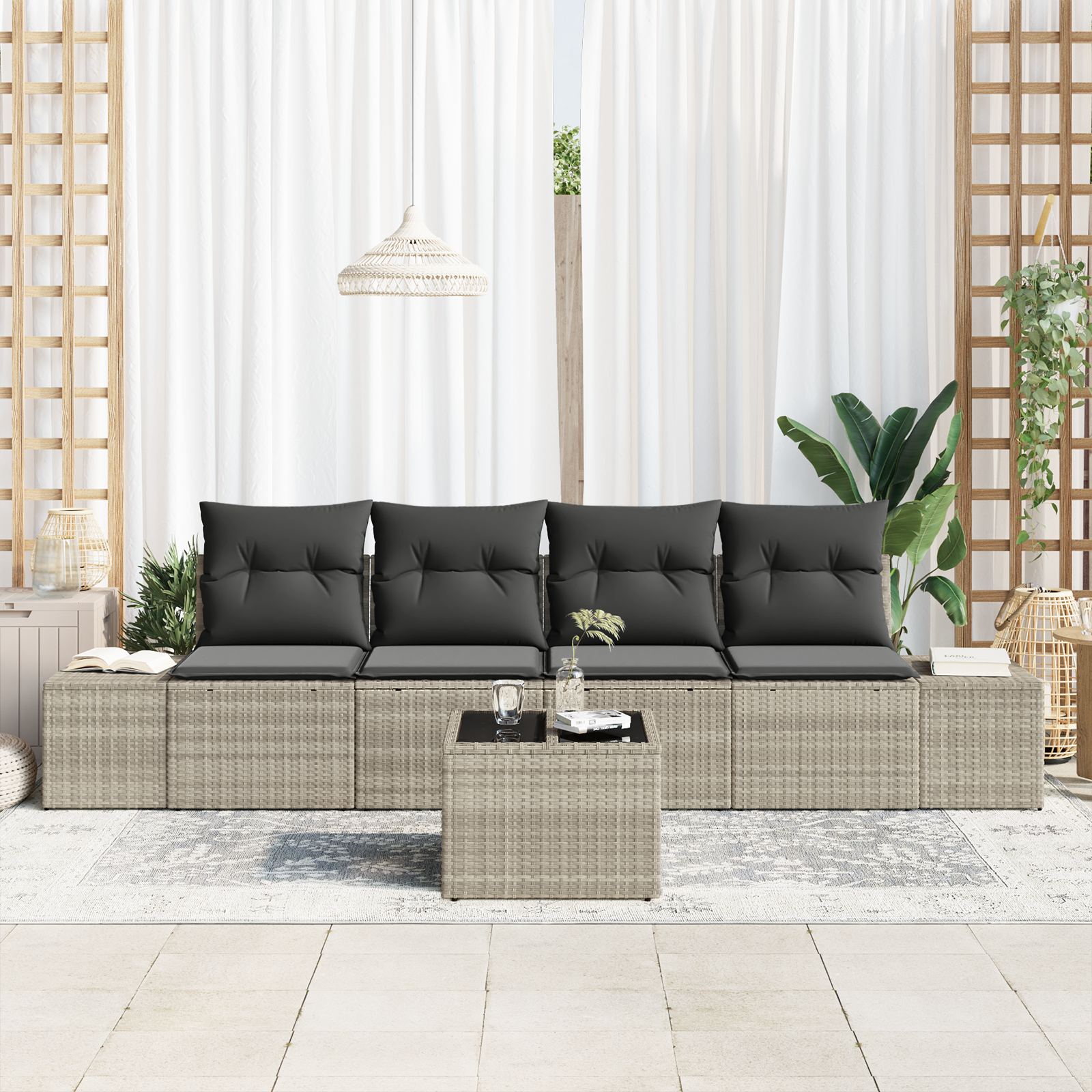 Set Divano da Giardino 5 Pezzi con Cuscini Grigio Chiaro Polyrattan