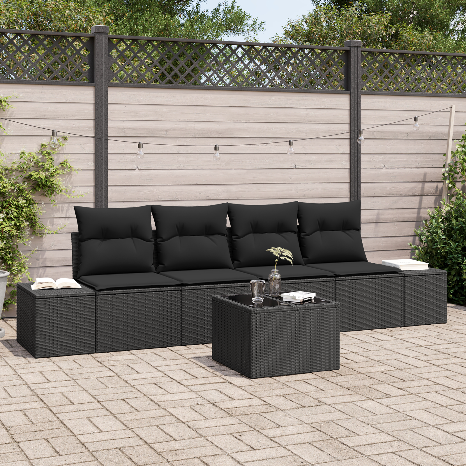 Set Divano da Giardino 5 Pezzi con Cuscini Nero Polyrattan