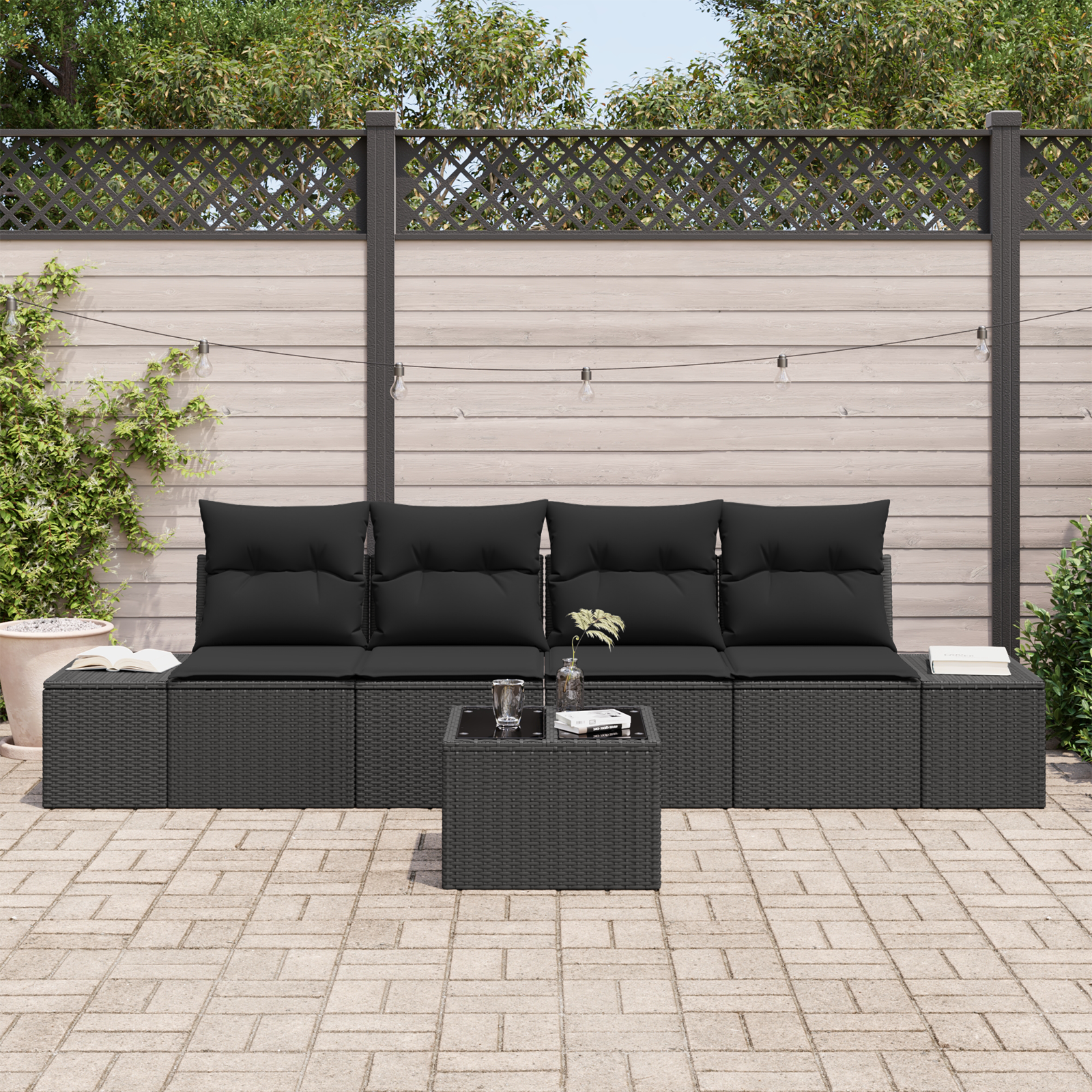 Set Divano da Giardino 5 Pezzi con Cuscini Nero Polyrattan