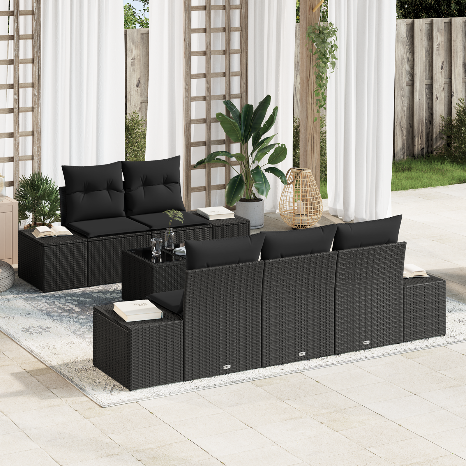 Set Divano da Giardino di 6 Pezzi con Cuscini Nero Polyrattan