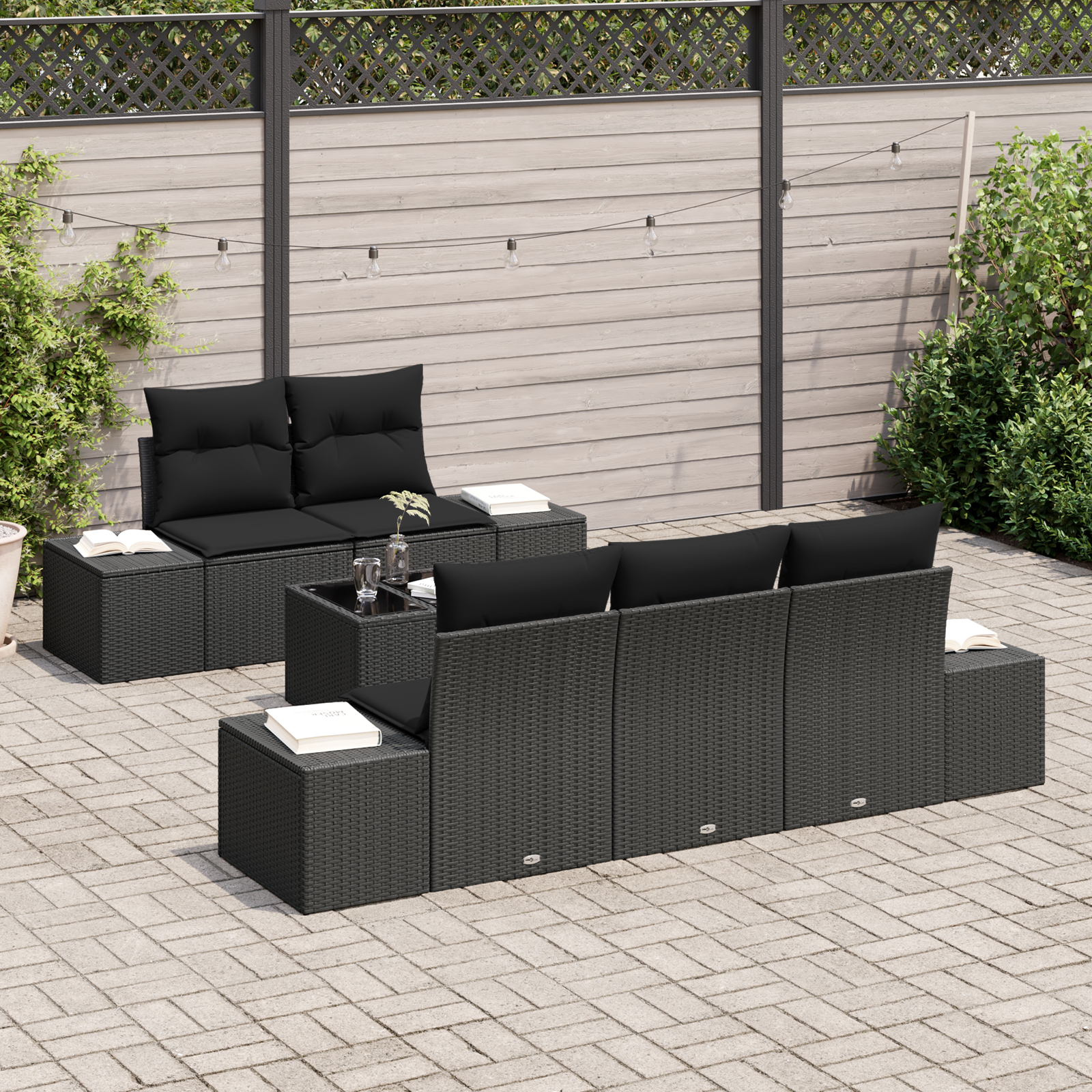 Set Divano da Giardino di 6 Pezzi con Cuscini Nero Polyrattan