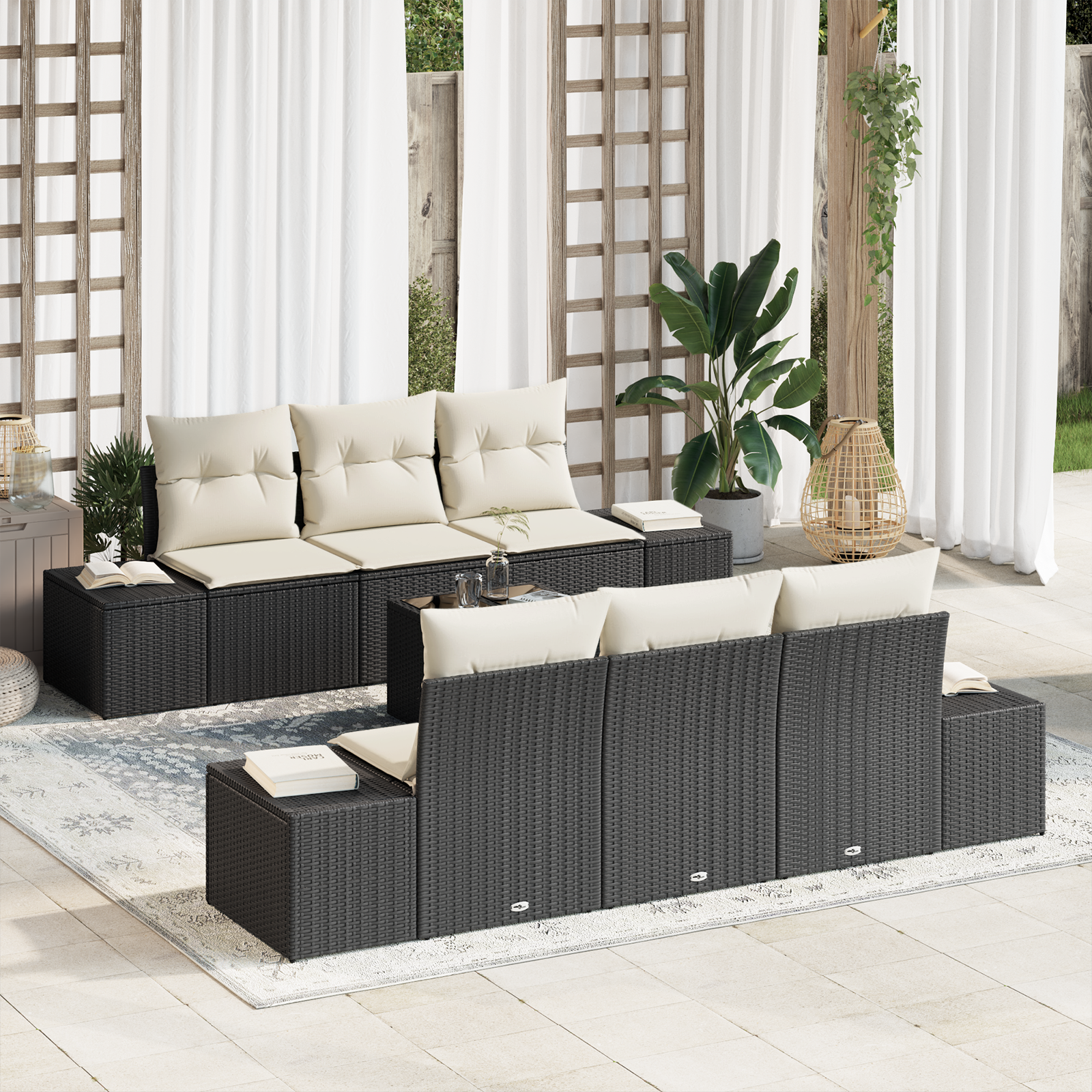 Set Divano da Giardino con Cuscini Nero in Polyrattan