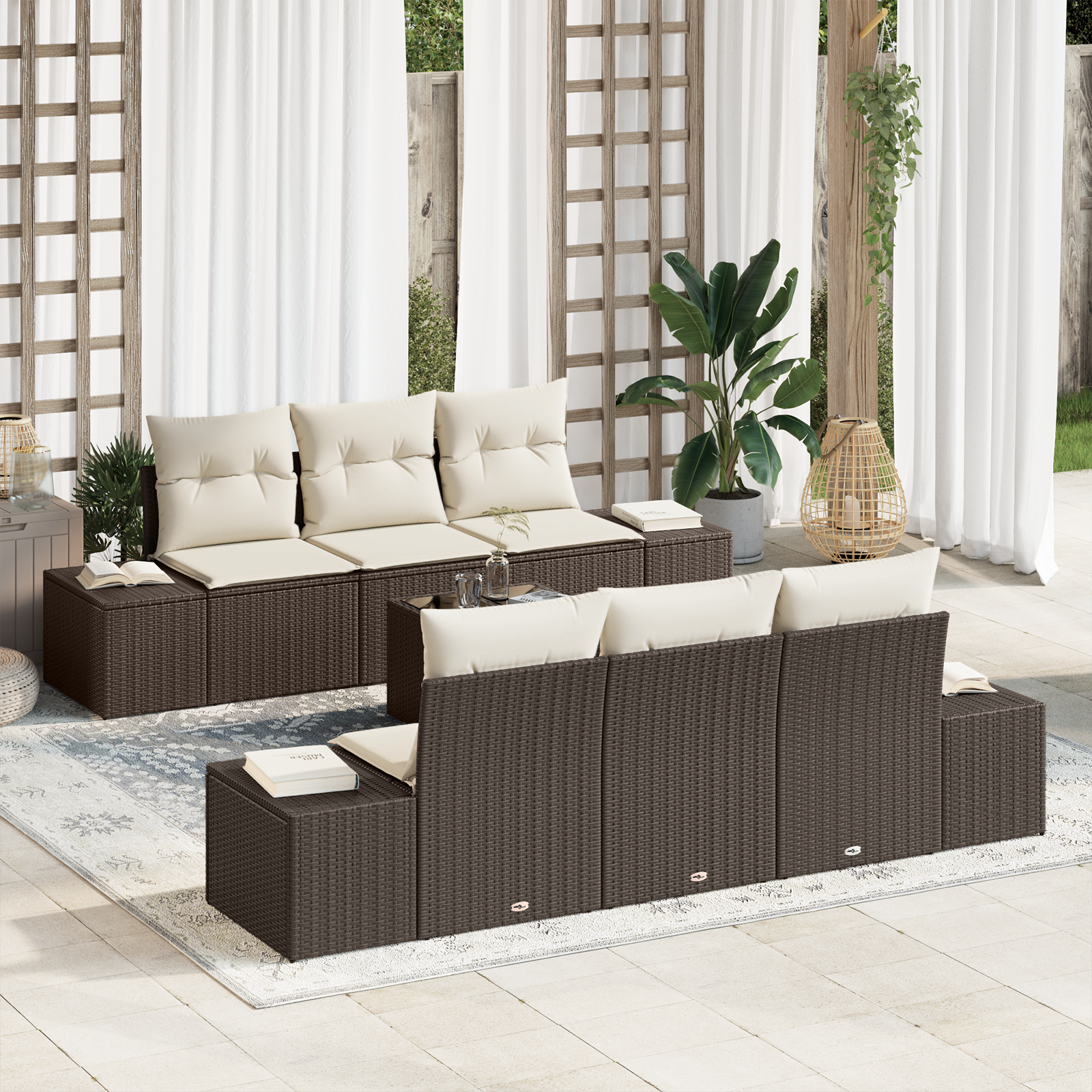 Set di divani da giardino con 7 pezzi e cuscini marrone in polyrattan
