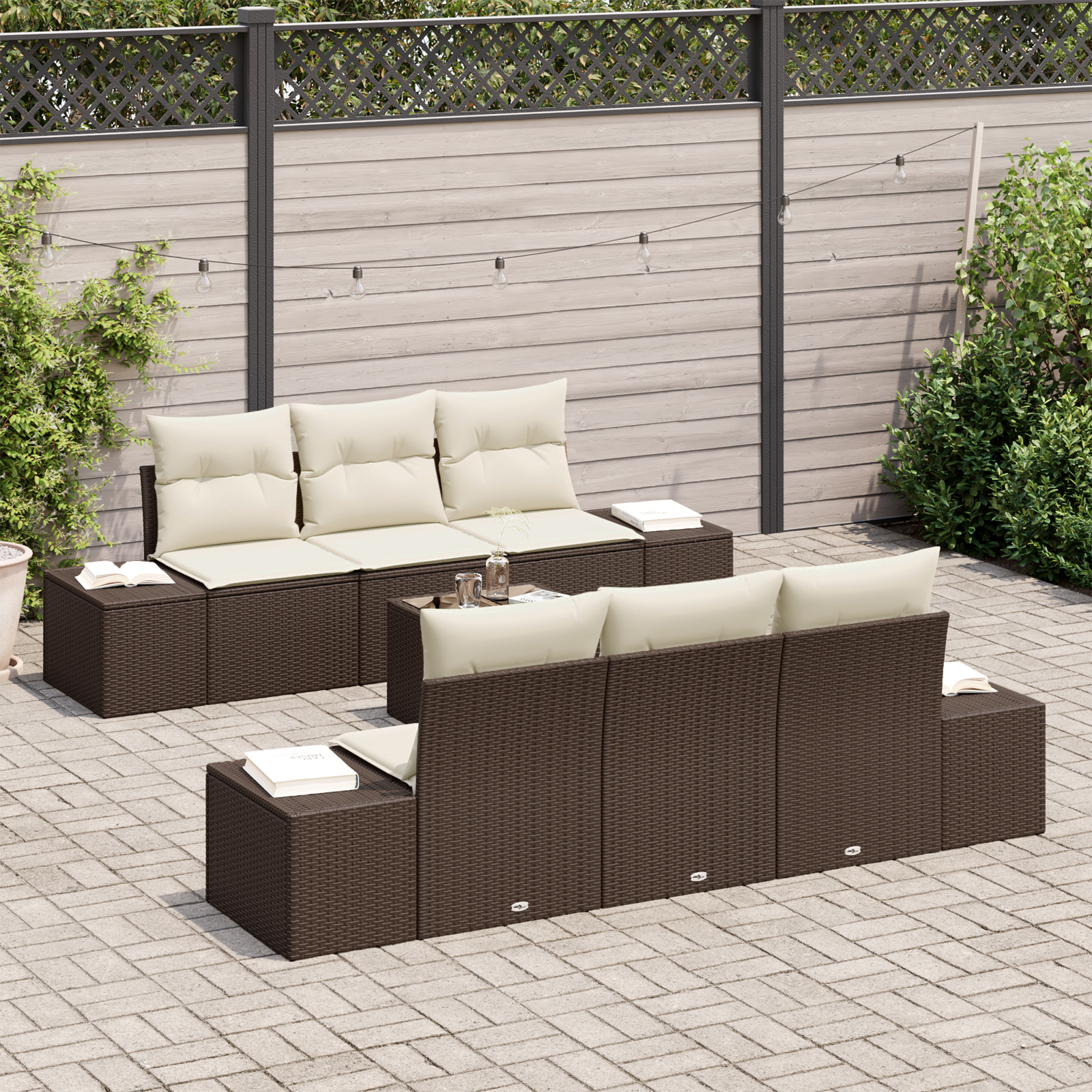 Set di divani da giardino con 7 pezzi e cuscini marrone in polyrattan