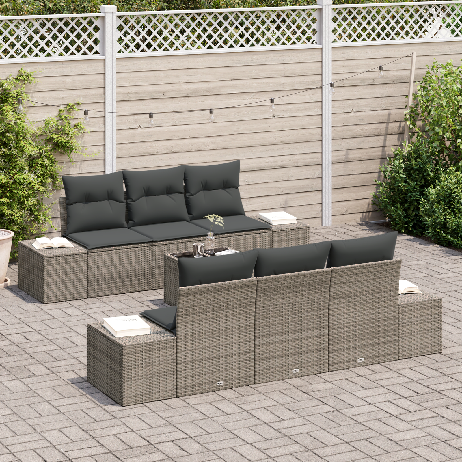 Set di Divani da Giardino in 7 Pezzi con Cuscini Grigio Polyrattan