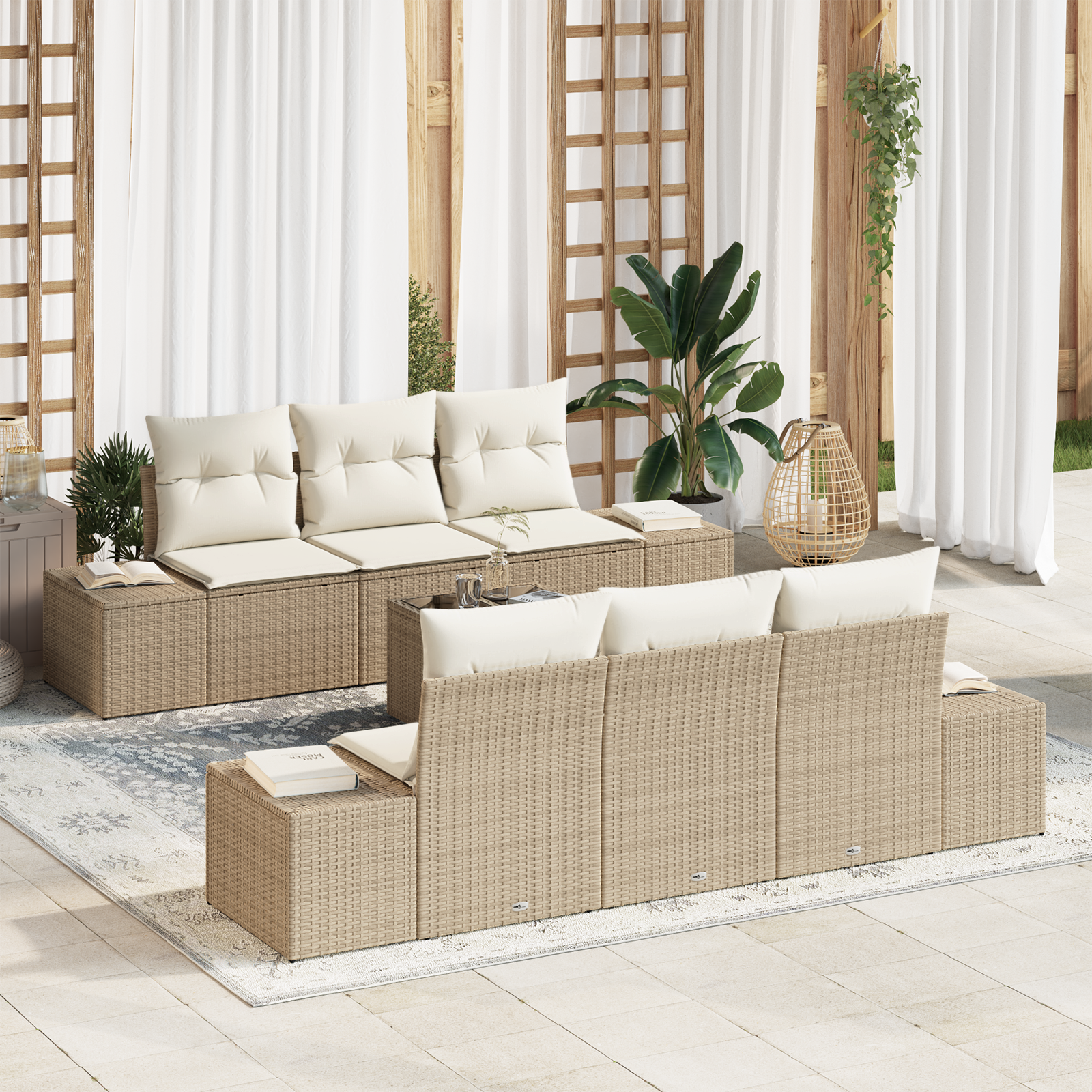 Set Divano da Giardino 7 Pezzi con Cuscini Beige Polirattan