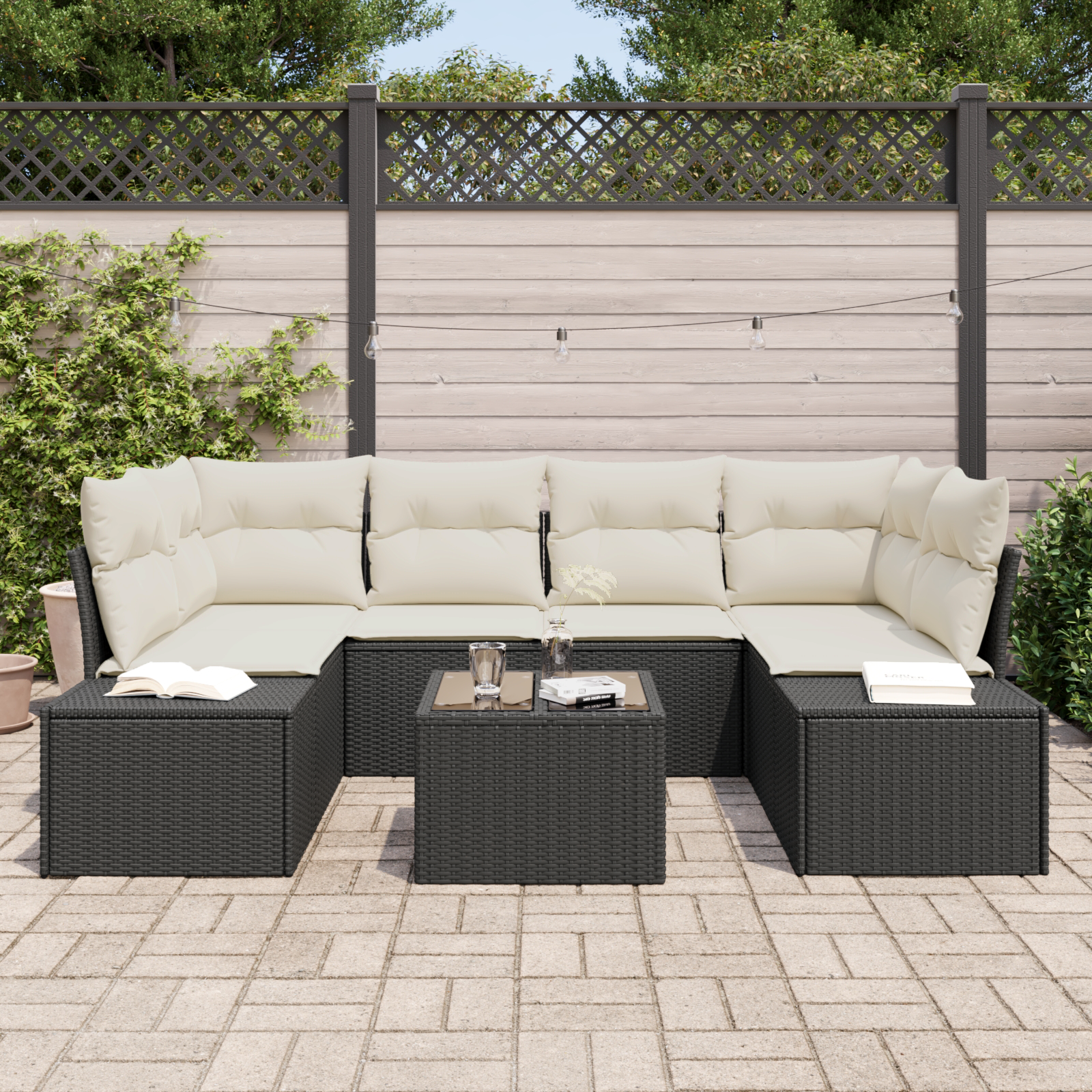 Set di Sofà da Giardino 7 Pezzi con Cuscini Nero Polyrattan
