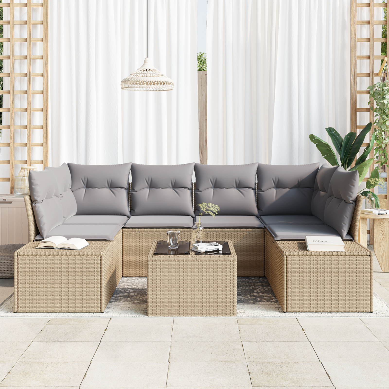 Set Divano da Giardino da 7 Pezzi con Cuscini Beige Rattan Sintetico