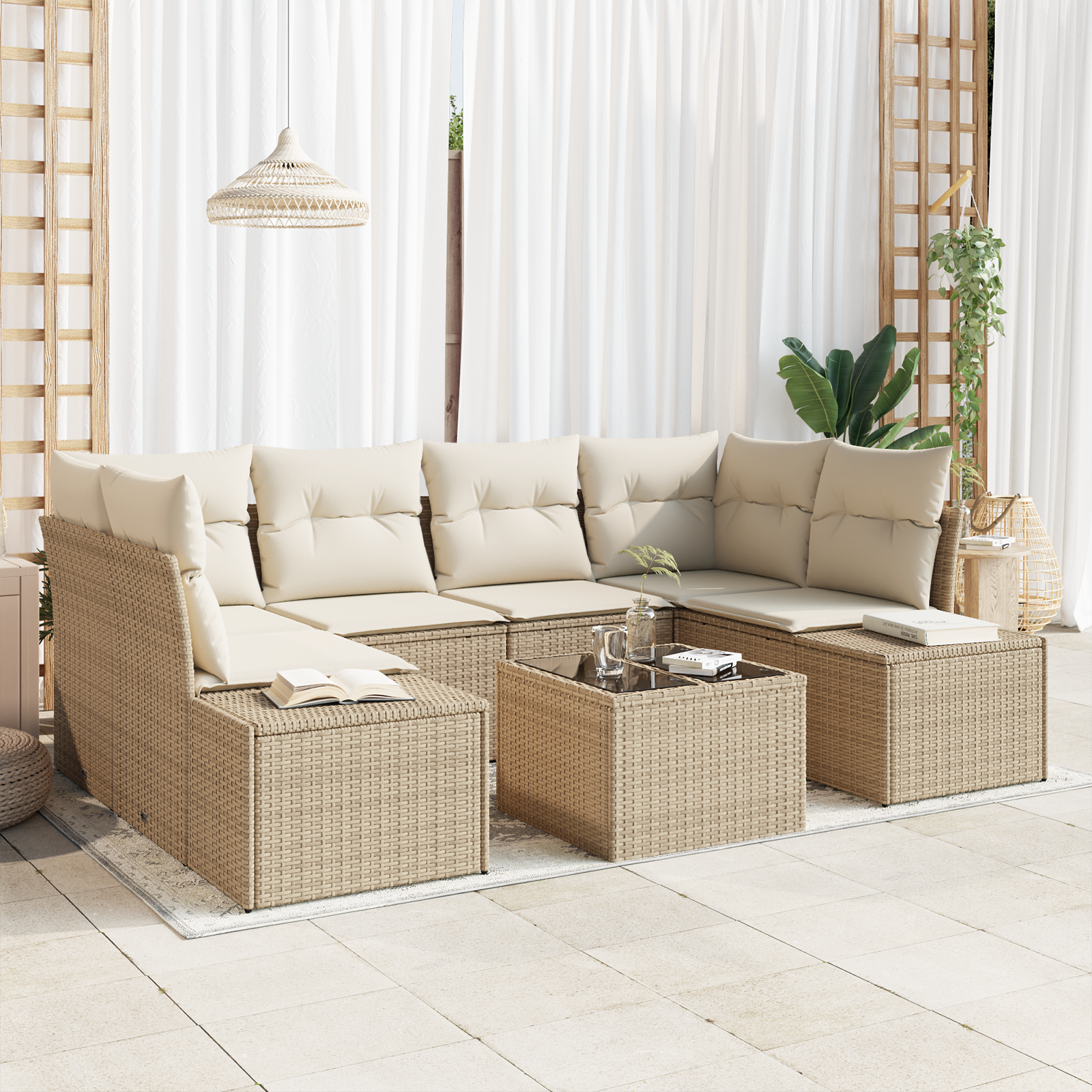 Set di divani da giardino 7 Pezzi con cuscini Beige Polirattan