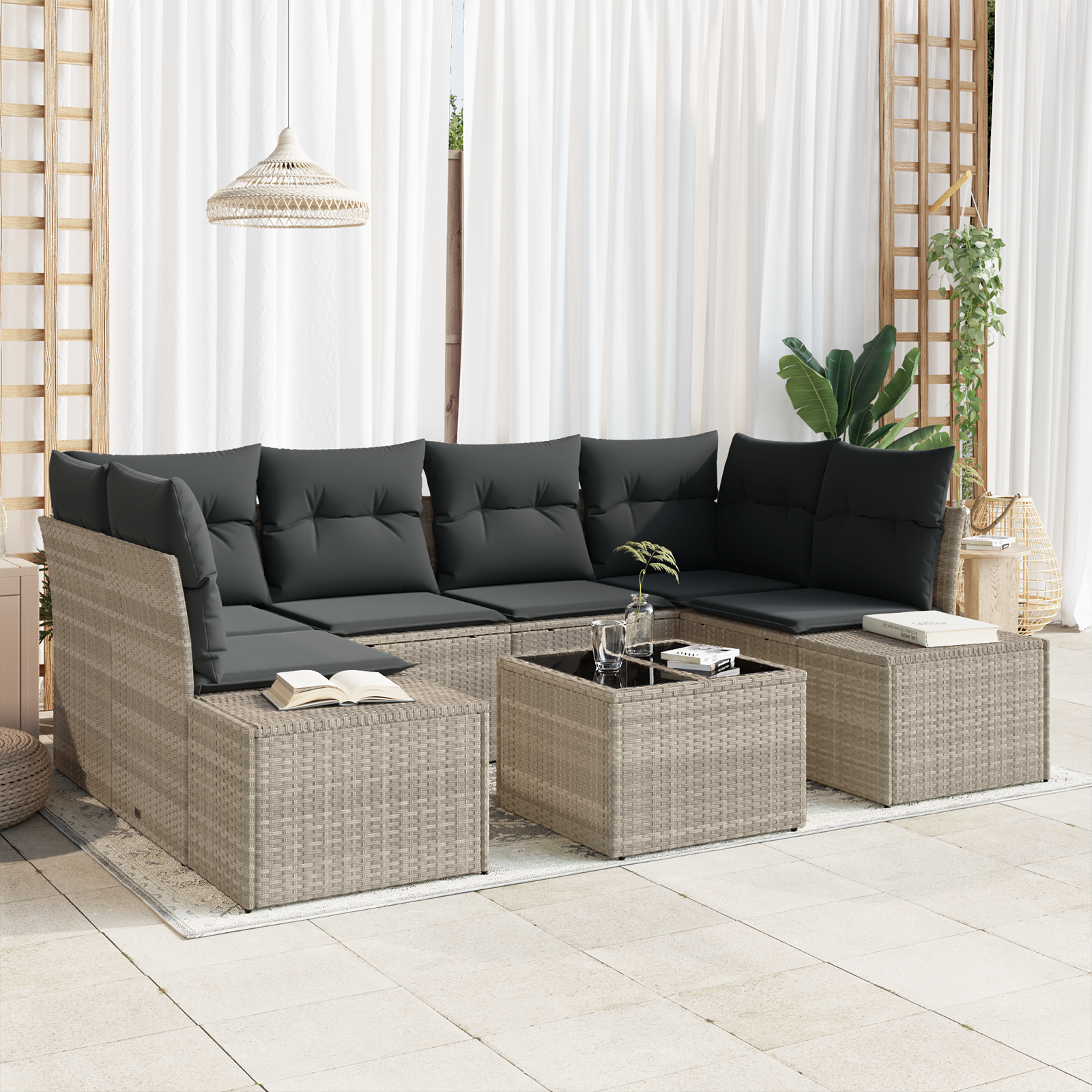 Set Divano da Giardino 7 Pezzi con Cuscini Grigio Chiaro Polyrattan