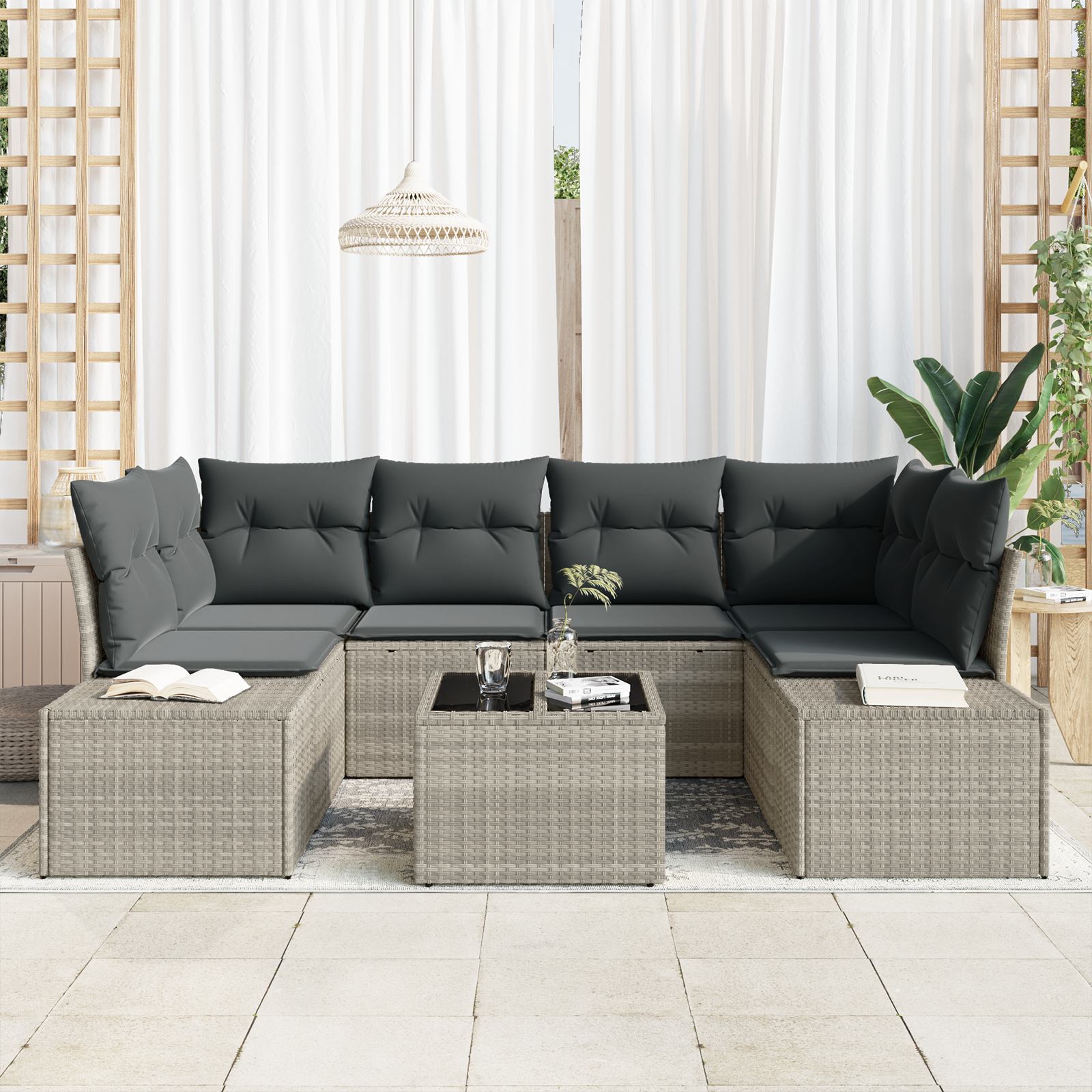 Set Divano da Giardino 7 Pezzi con Cuscini Grigio Chiaro Polyrattan