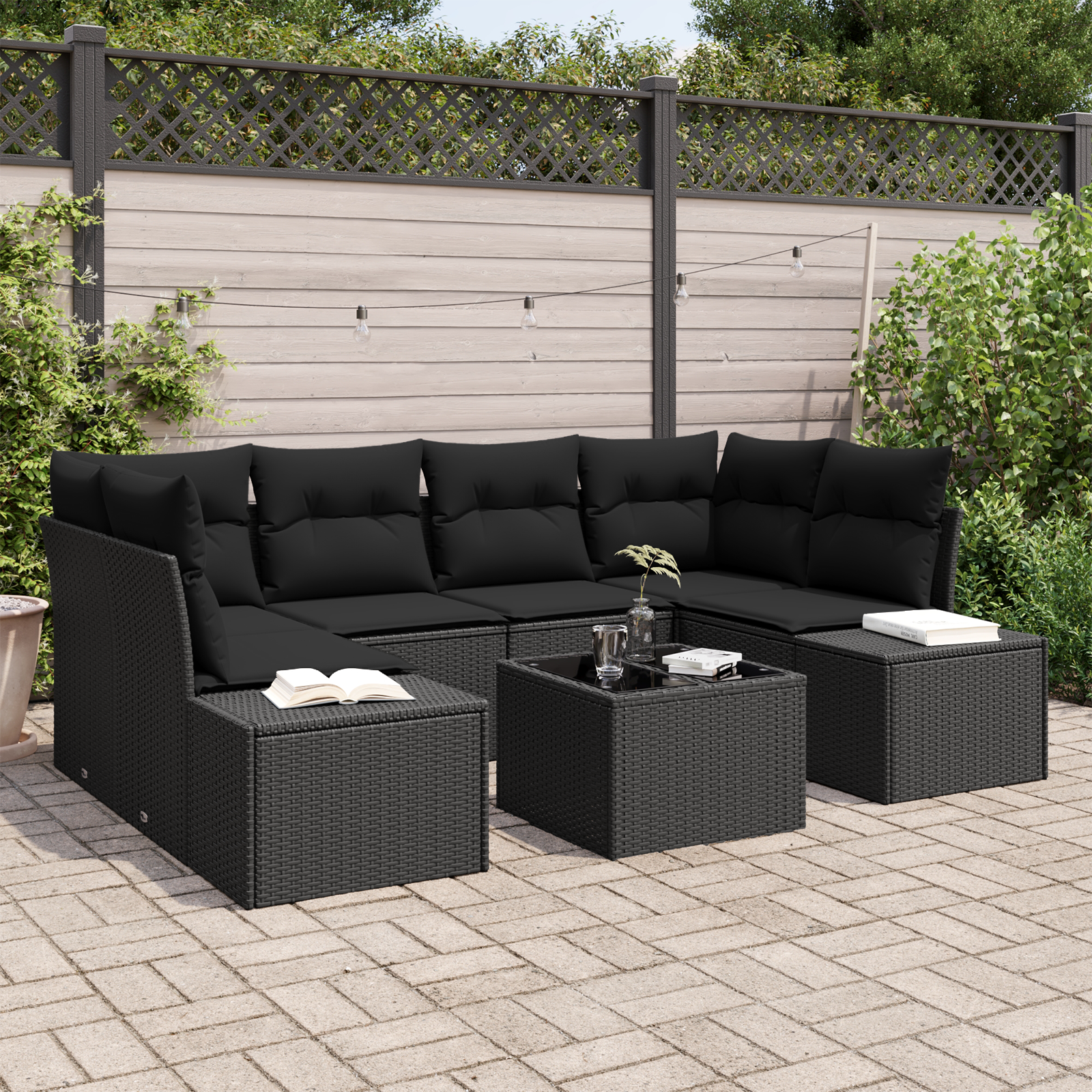 Set Divano Giardino 7 Pezzi con Cuscini Nero Rattan PE